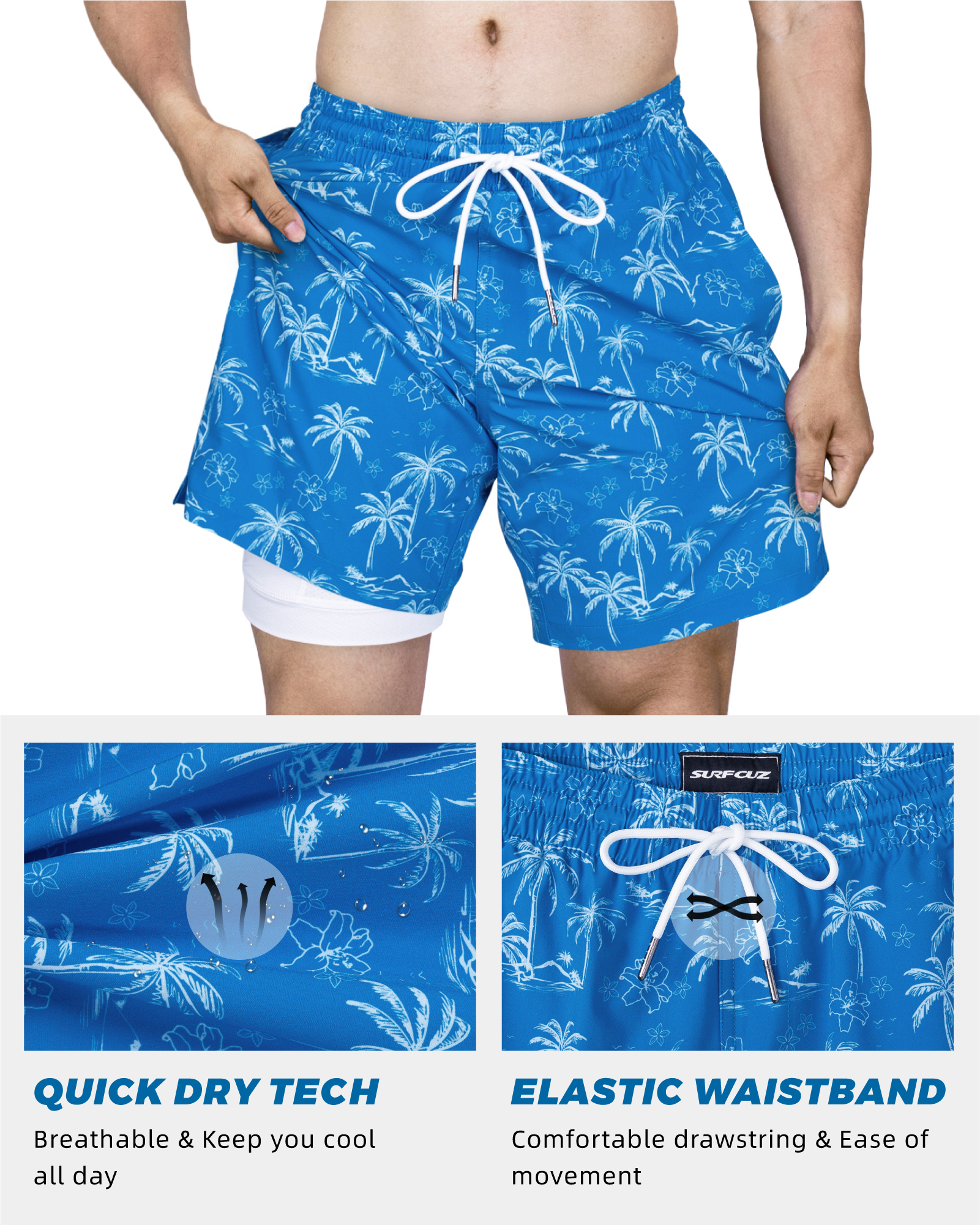 SURF CUZ Mens Swim Trunks with Compression Liner Quick Dry Swim Shorts 7" Swimming Trunks Stretch Bathing Suit Boardshorts