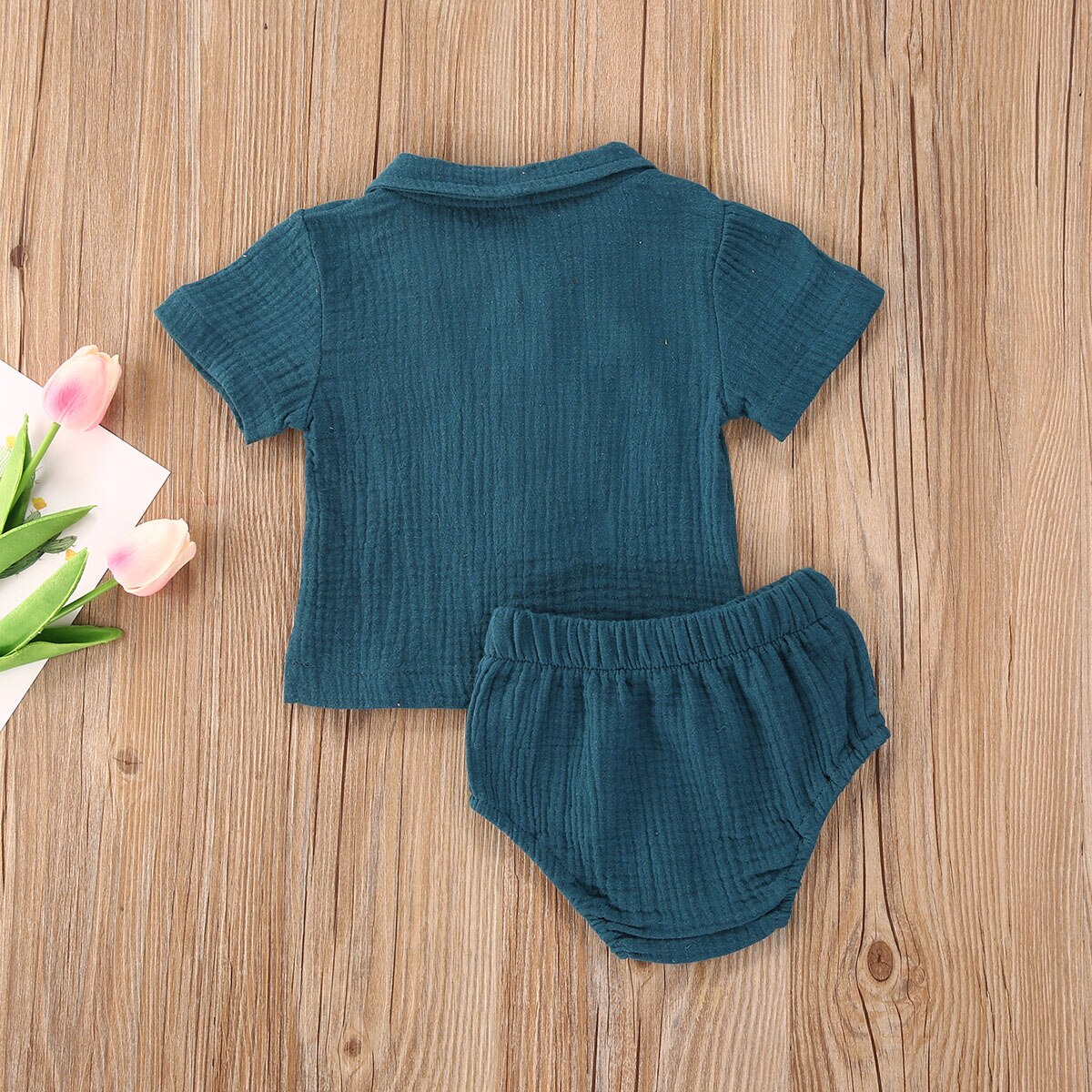 Baby pige dreng 2 stk outfit sæt solid plisseret button-down foldet krave kortærmet top skjorte trekant elastik bukser sæt