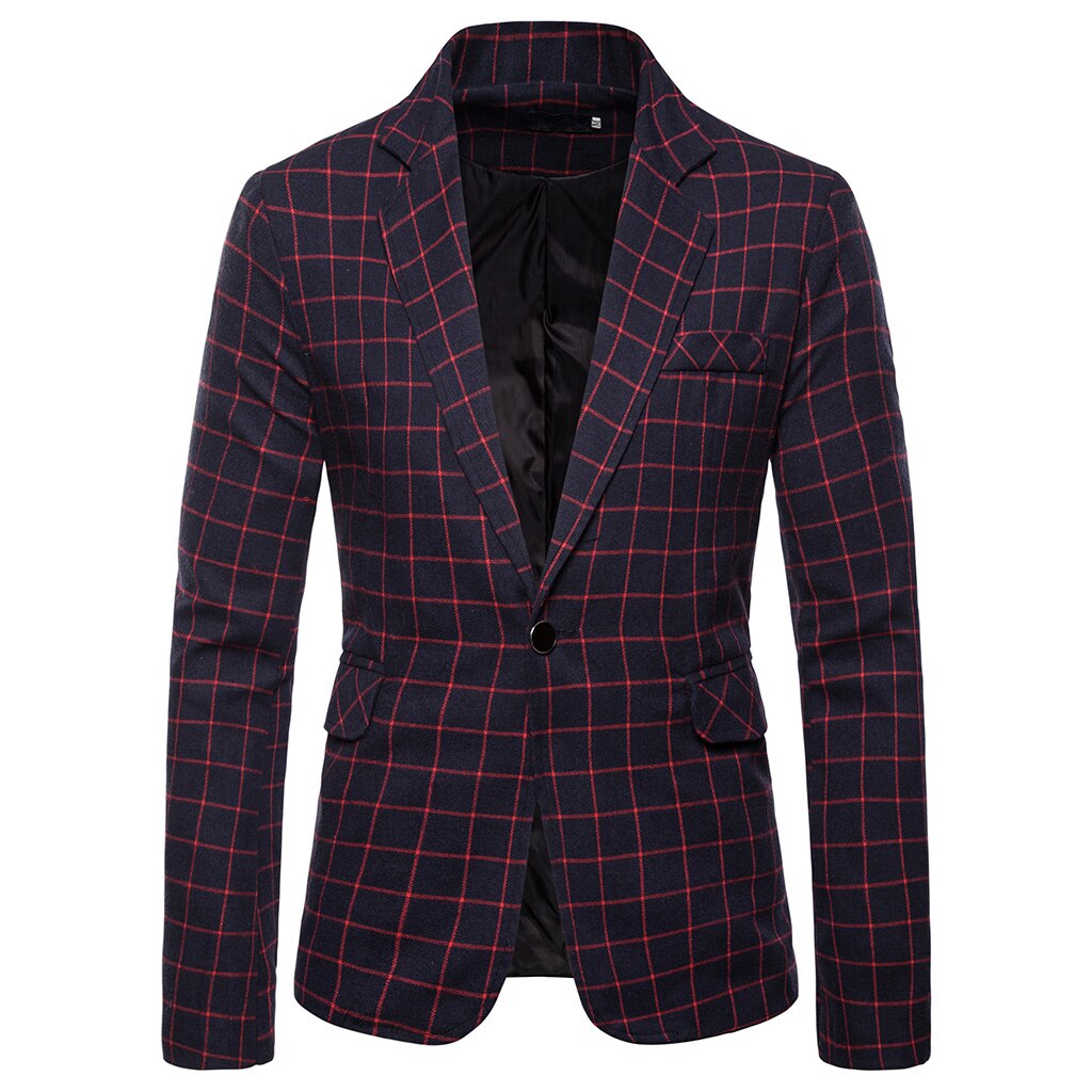 Stylish Male Blazer Suit Jacket Business Casual Single Button Blazer For Men Regular Abrigo Hombre Men Plaid Blazer: purple / L
