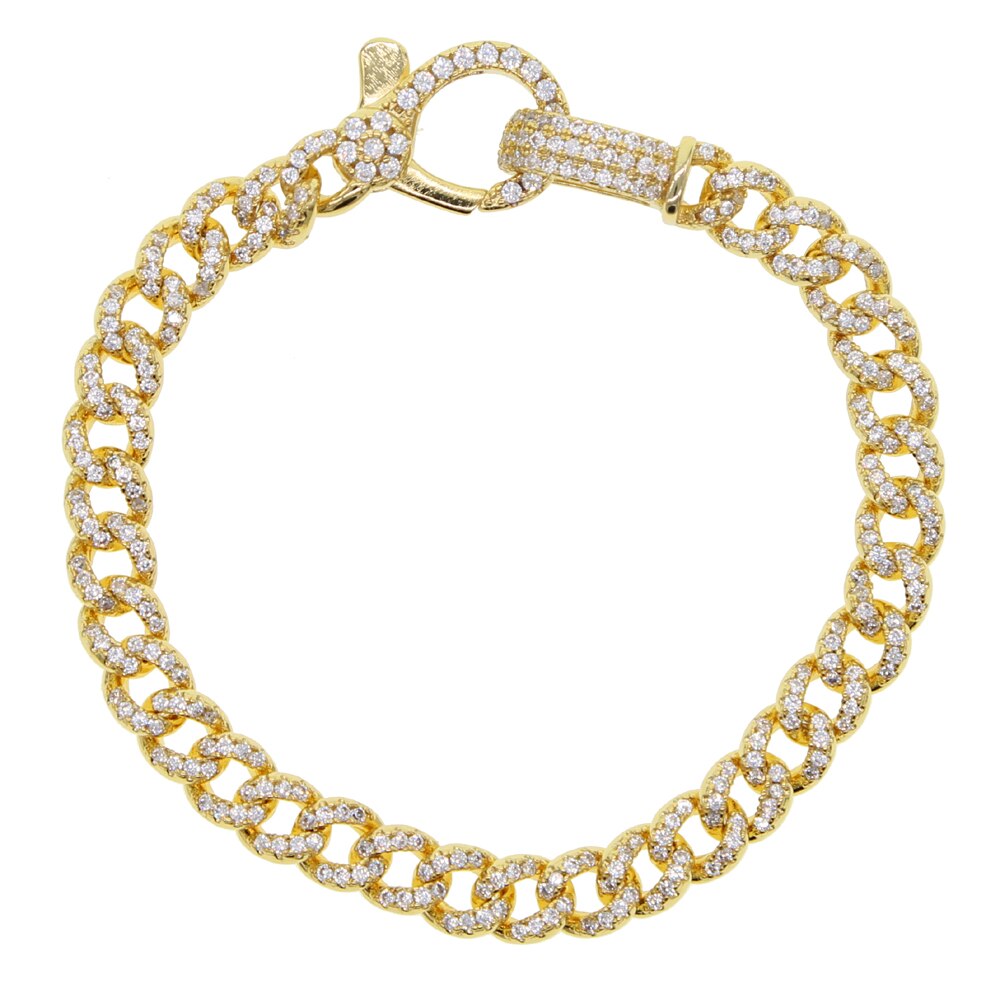 Novo design fino cz cubana link chain pavimentado zircônia cúbica lagosta fecho iced para fora bling pulseira cubana para mulher: Ouro-cor / 17.5cm