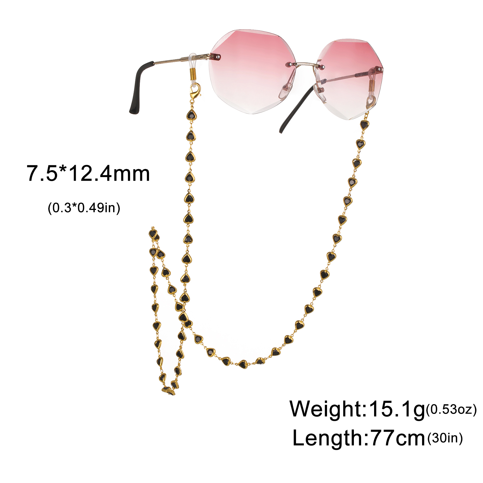 Gekleurde kristallen hartvormige brilketting roestvrijstalen dameszonnebrilketting modieuze Boheemse sieradenaccessoires: Black