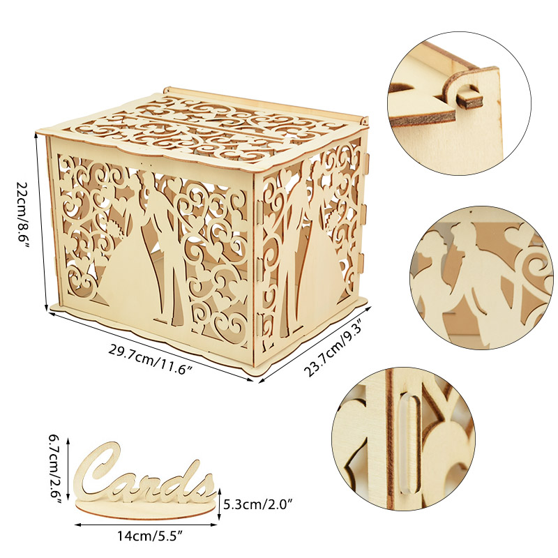 Wedding Card Box Greeting Cards Notes Holder I Love You MR MRS DIY Wood Wooden Boxes Wedding Decoration Birthday Party Supplies: W03