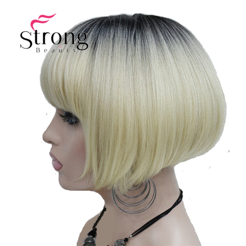 StrongBeauty Neat Bang Korte Bob stijl Pruik Blonde Ombre En donkere Wortel Synthetische Natuurlijke Volledige Pruiken