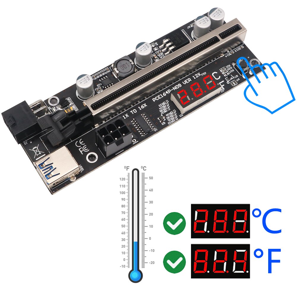 Newest Version PCIE Riser 1x to 16x Graphic Extension with Temperature Sensor for GPU Mining Powered Riser Adapter Card