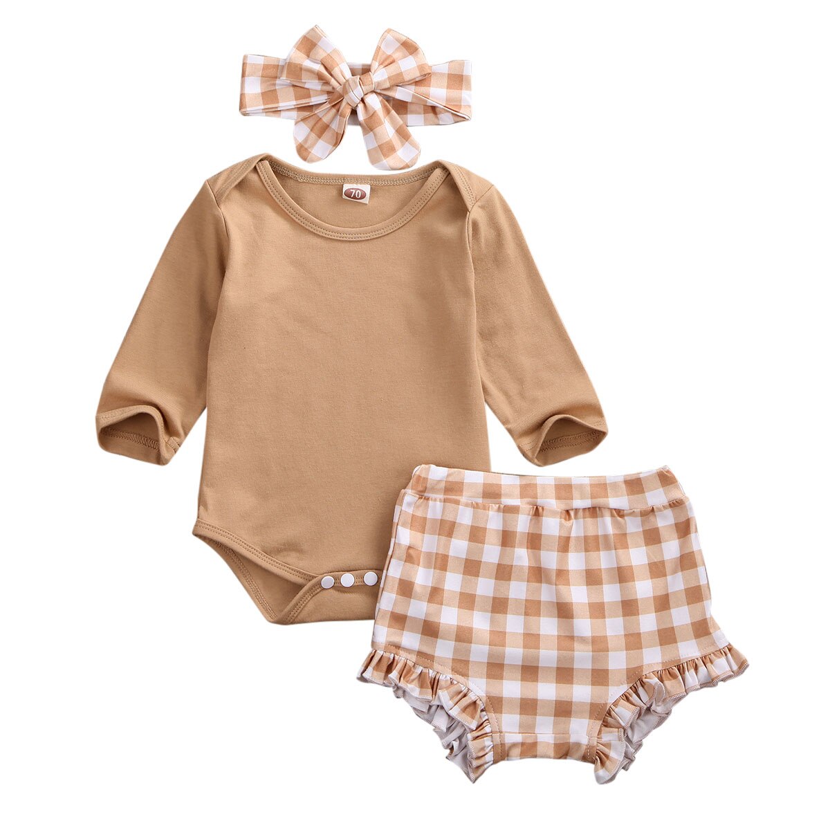 Ropa de playa para bebés y niñas, conjunto de 3 uds. De manga larga de Tops, mono + Pantalones a cuadros, conjunto de ropa 0-24M
