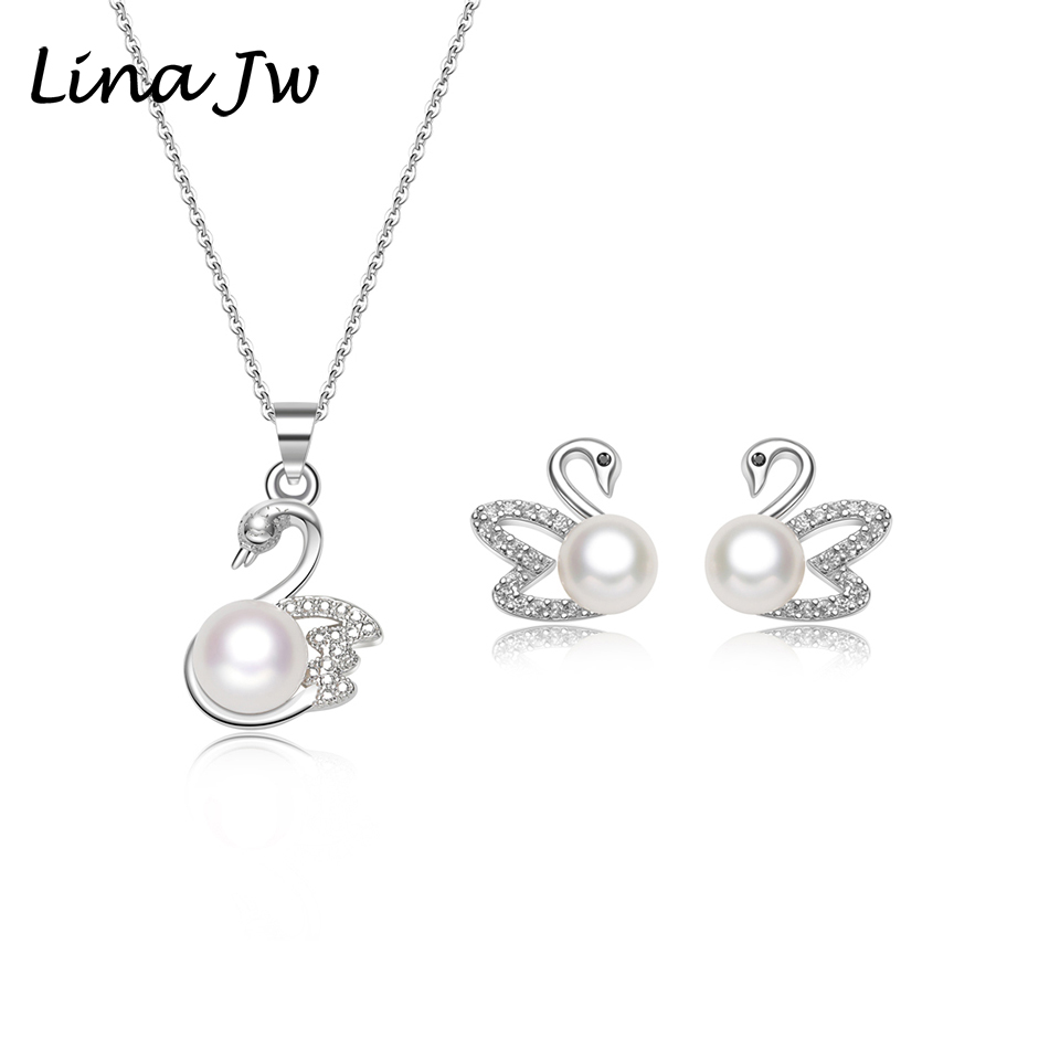 Zwaan 7-8Mm Natuurlijke Zoetwater Parel Sets Sieraden Voor Vrouwen Ketting Hanger Oorbel Bruiloft/Partij Sieraden Sets charm