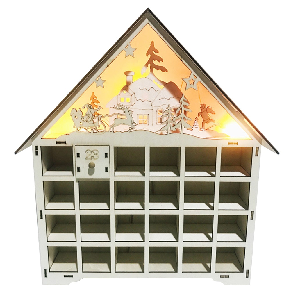 Box Wooden Advent Calendar Drawer Countdown DIY Desktop Decor Family Christmas Ornament House LED Light Deer Santa Claus