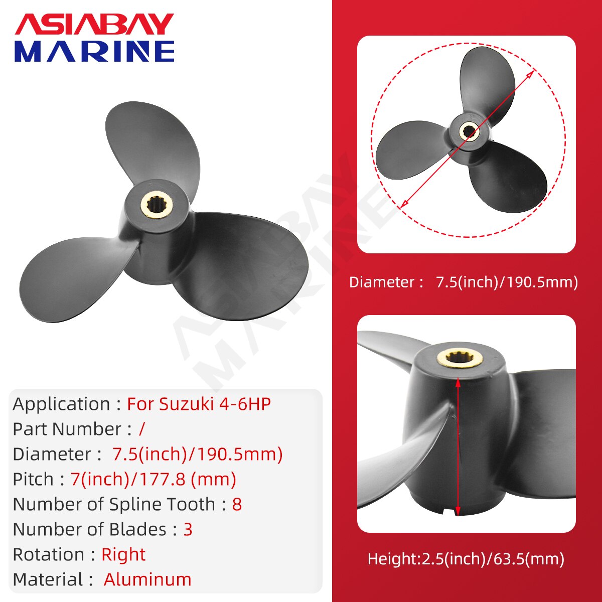 Voor Suzuki 4hp 6hp Buitenboordmotor Propeller 7 1/2*7 Boot Motor Aluminium Schroef 3 Blade 10 Spline Tand Scheepsmotor Deel