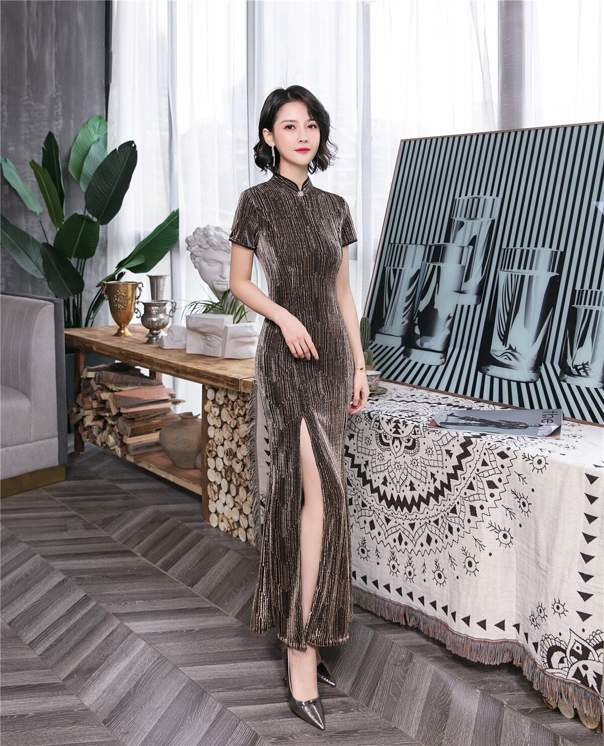 Shanghai Story Long Cheongsam Sequins Qipao High Split Chinese Traditional Dress 2 Color