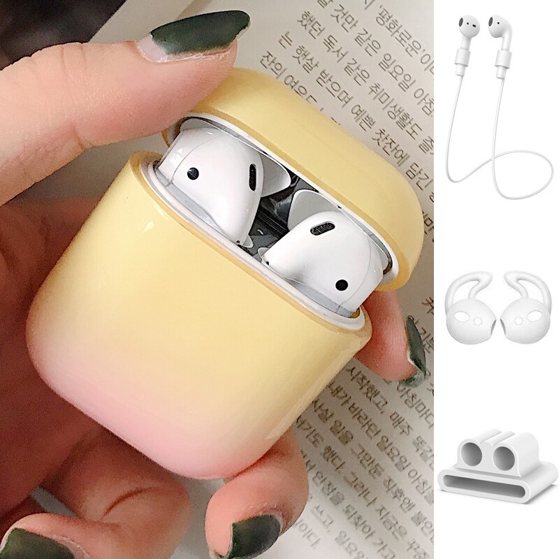 1/5PSC chiaro caso per caso sveglio di airpods Liscia gradiente della copertura per airpods 2 di tappo per orecchie Anti-perso rope copertura di caso di sport per airpods 2 caso: Set B Yellow-Pink