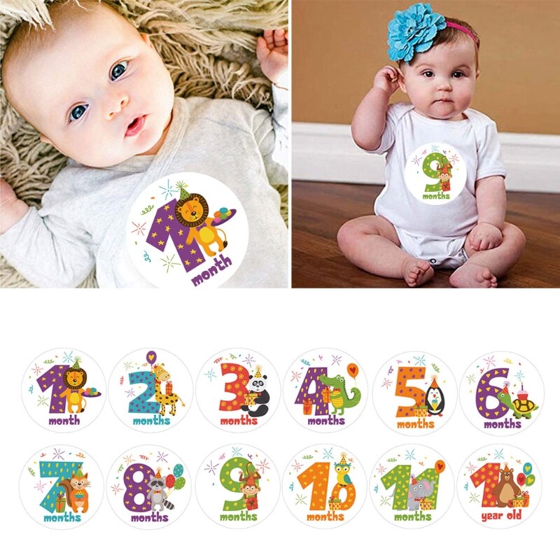 Pegatina de mes conmemorativo de Milestone, animales de dibujos animados, pegatinas mensuales para bebé, fotografía, tarjeta conmemorativa, número, accesorios para fotos M76C