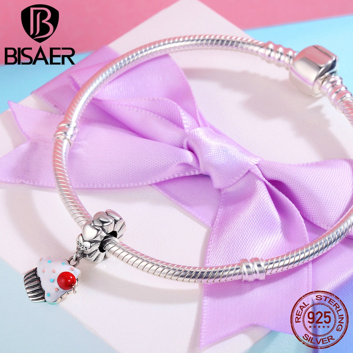 BISAER 100% 925 Sterling Silber Lecker Wüste, Kleine Geburtstag Kuchen Reize passen Authentische Original BISAER Armbänder ECC350