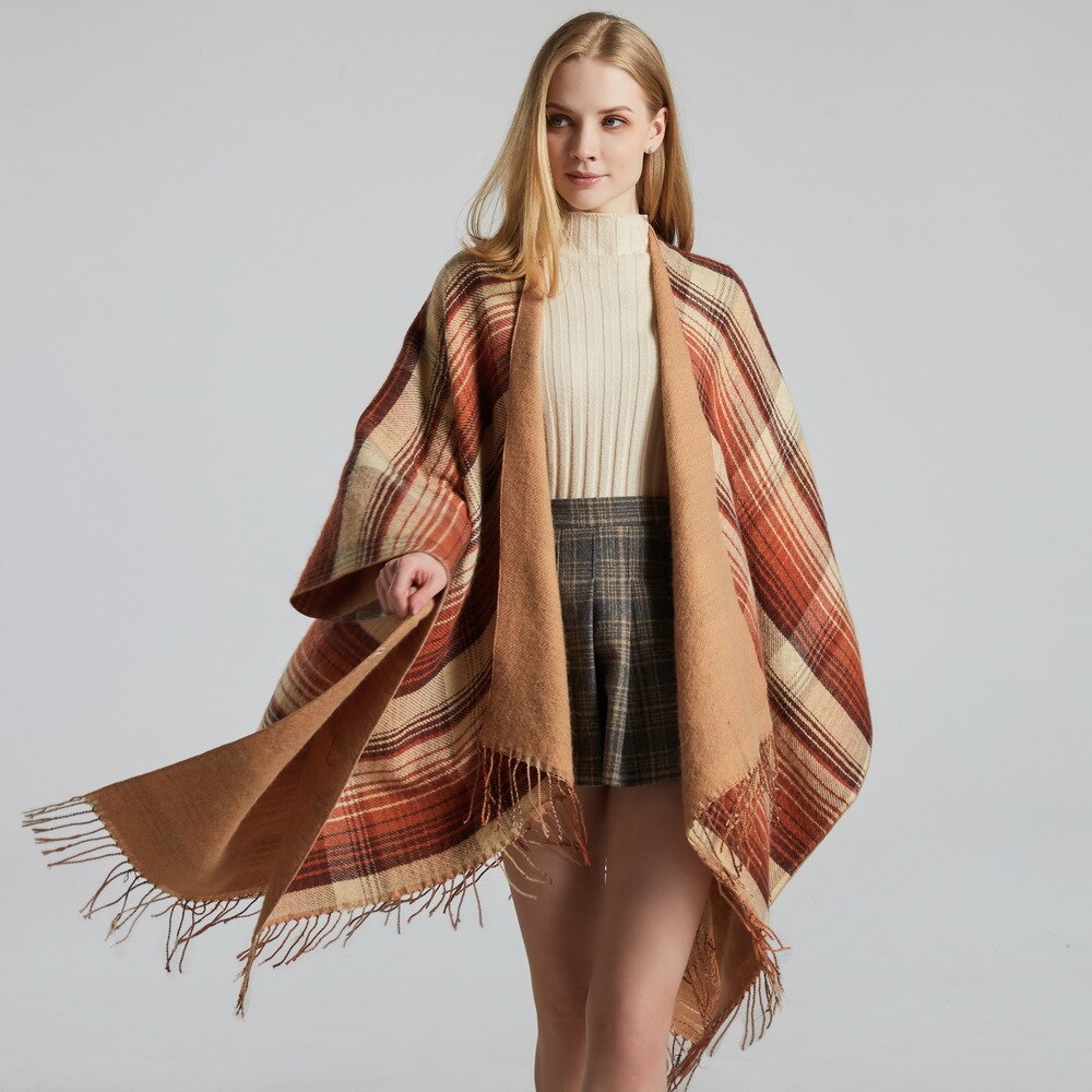 Schotse Klassieke Kleur Herfst Winter Plaid Cape Cape Met Kasjmier Kwastje En Warm Split Vrouwen Sjaal