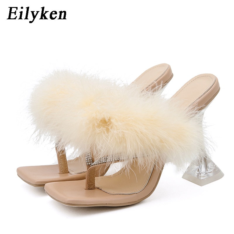 Eilyken-pantoufles d'été plume à talons hauts pour femmes, tongs à bout carré cristal clair, chaussures d'été, collection