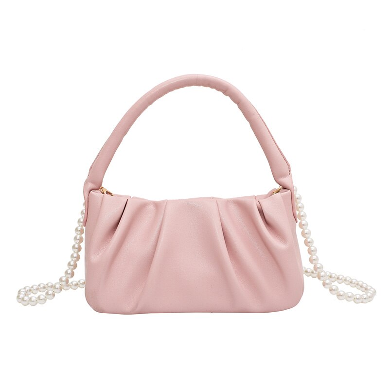 Zachte Lederen Crossbody Tassen Voor Vrouwen Eenvoudige Dames Trend Kralen Ketting Schouder Handtassen En Portemonnees Vrouwelijke Tote: Roze