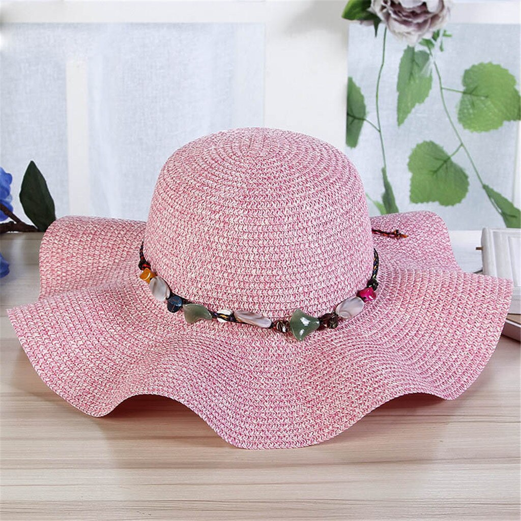 Women Big Wide Brim Straw Hat Colorful Stone Beach Sun Foldable Cap