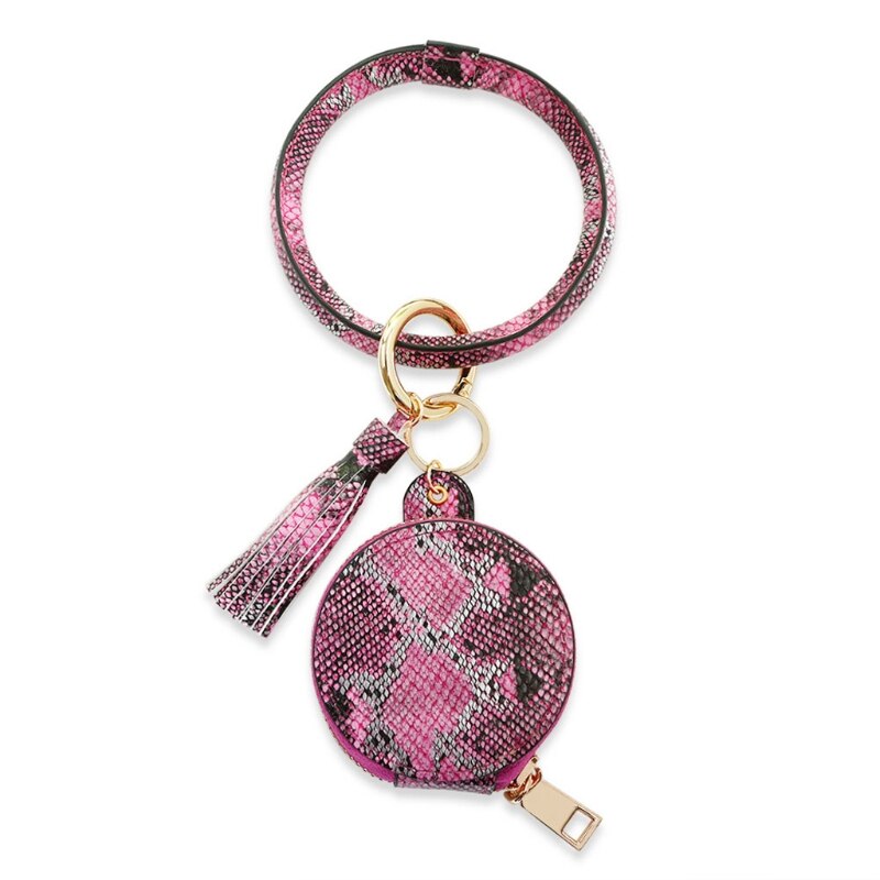 Vrouwen Oordopjes Sleutelhanger Armband Tas Lederen Polsbandje Cirkel Sleutelhanger Bangle Koptelefoon Kwastje Mini Portemonnee Met Make-Up Spiegel: Snake Hot Pink