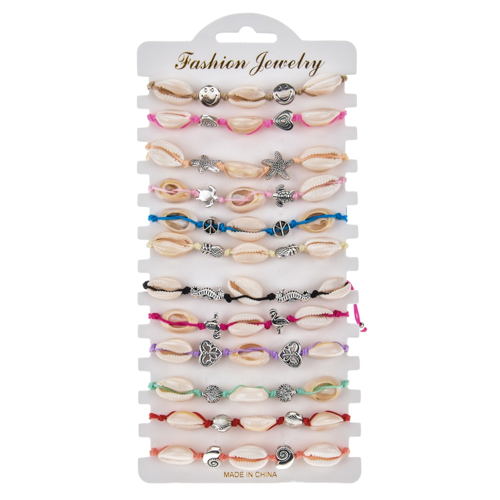 12 pièces/lot cristal coquille tressée corde Bracelet ensemble à la main réglable lettre perles Bracelets pour femmes filles enfants manchette bijoux