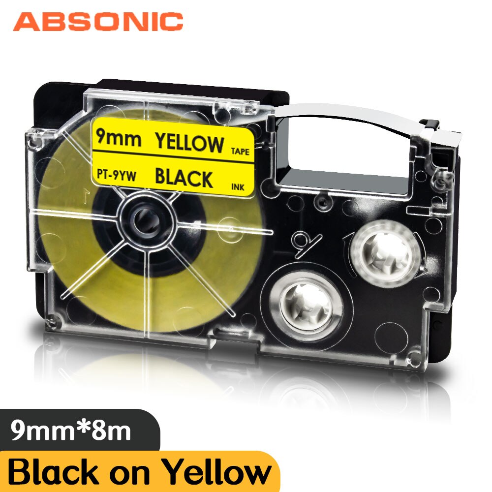 Absonic XR-9AGN biały na zielonym 9mm etykietowania taśma do obsługi Casio KL-60 KL-120 KL-130 KL750 KL780 KL820 KL-750KR KL-750B KL-750BA druku: Black on Yellow