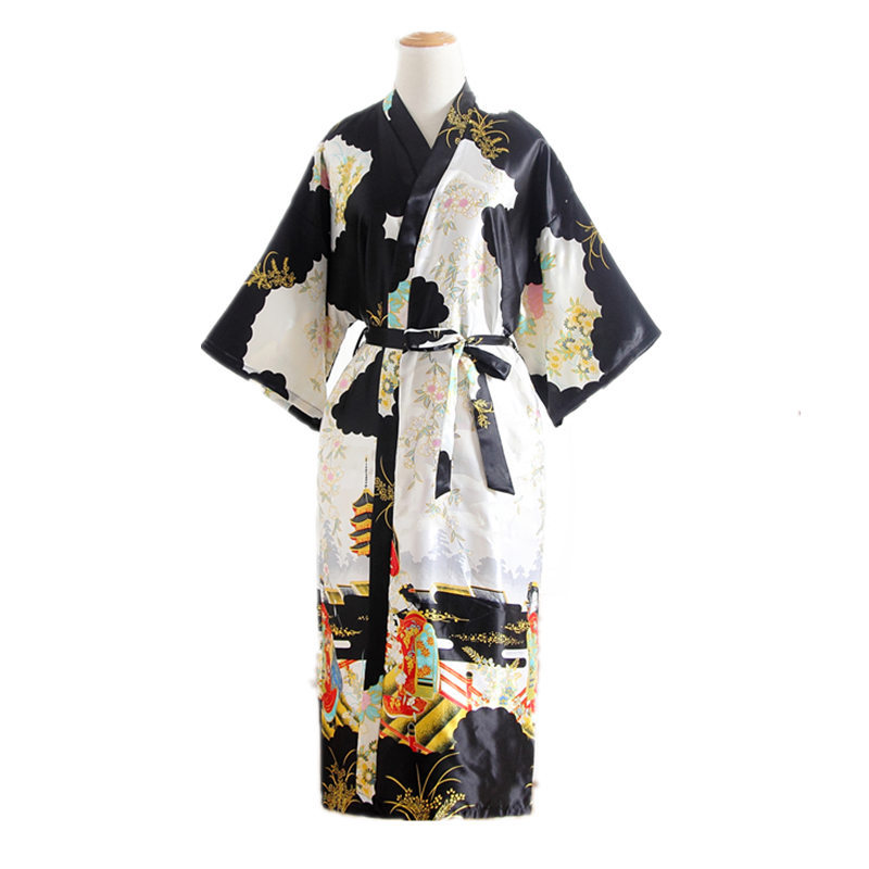 Japanese Kimono Style Cardigan Satin Bathrobe Long Pajamas Night Robe Yukata For Women Japanese Clothes Peacock Print: black