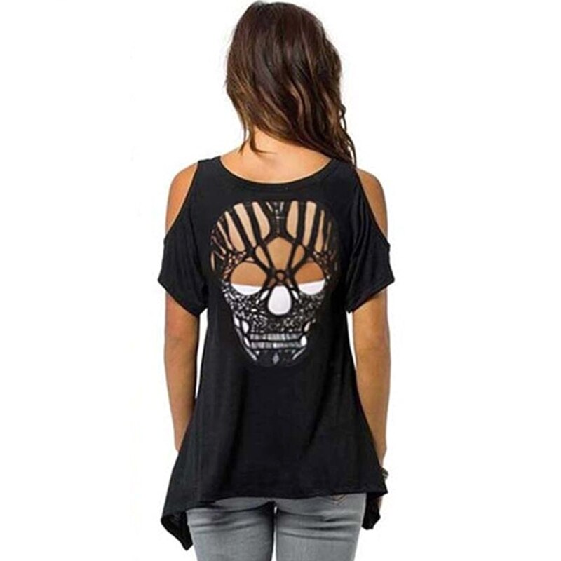 Kvinnor kalla axel kortärmad t-shirt skuren ihålig skalle rygglös blus casual gxmb