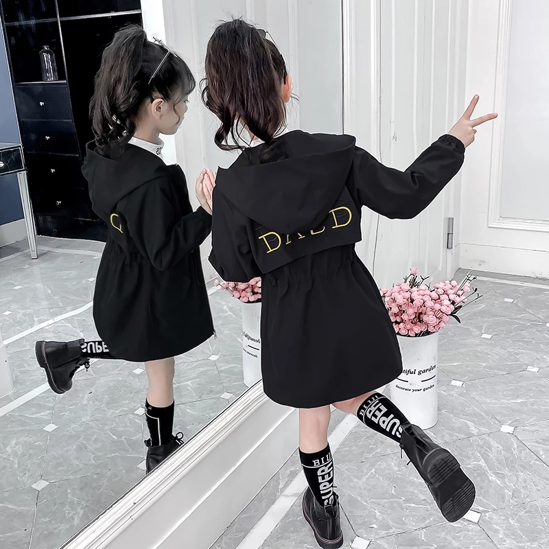 Teens Black Fall Hooded Windbreaker Spring Autumn Clothing Embroidery Letter Jackets for girls Children's Mid-length Trench Coat