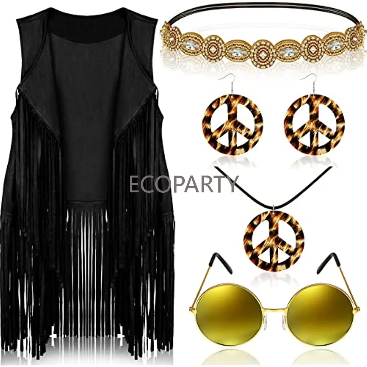 6 Pcs 60s 70s Hippie Costume for Women Peace Sign Earring Necklace Headband Fringe Vest Tassel Cardiga Disfraz Halloween Mujer