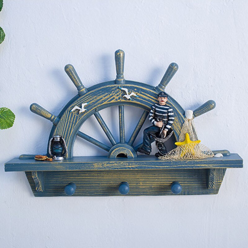 Mediterrane Stijl Hout Retro Semi-Roer Plank Haak Zee Oceaan Vissers Haak Home Achtergrond Bar Opknoping Decoraties