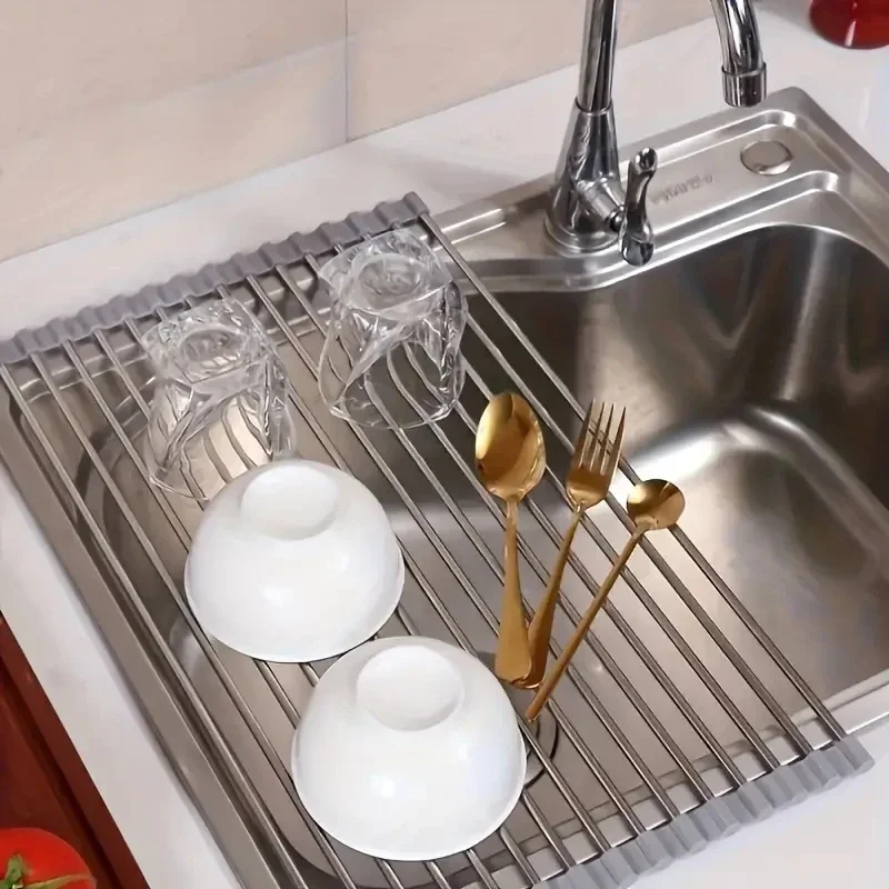 Évier de cuisine, étagère de séchage de la vaisselle, égouttoir à légumes enroulable en acier inoxydable, antirouille, facile à nettoyer, accessoire de cuisine