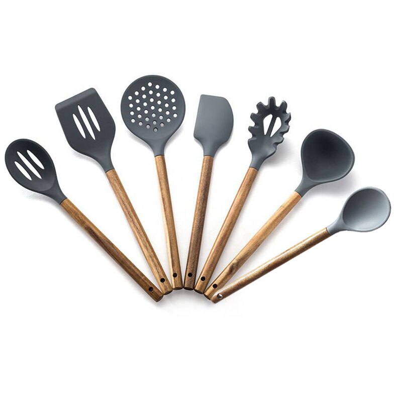 Kitchen Utensils Silica Gel Cooking Spoon Leaky Spoon Acacia Wood Spatula Wooden Handle Silicone Kitchenware Set Spatula: Seven piece set
