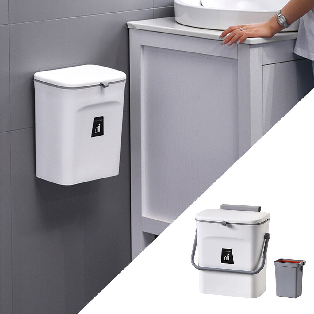 Household Home Trash Can for Kitchen Cabinet Door Wall Mount Waste Rubbish Bin: White with Handle