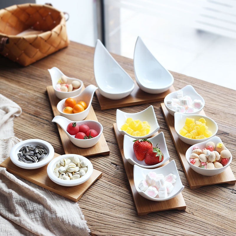 Keramik Snacks Platten mit Bambus Tablett Japan Stil Kreative Obst Platte Nachmittag Tee Tabletts Nachspeisen Platte Soße Gericht