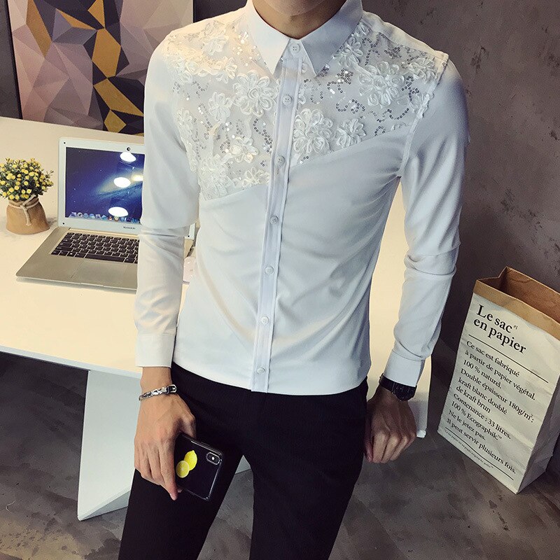 Hommes dentelle chemise concepteur mariage à manches longues chemises hommes smoking chemises Social Club fête Club noir blanc robe chemises
