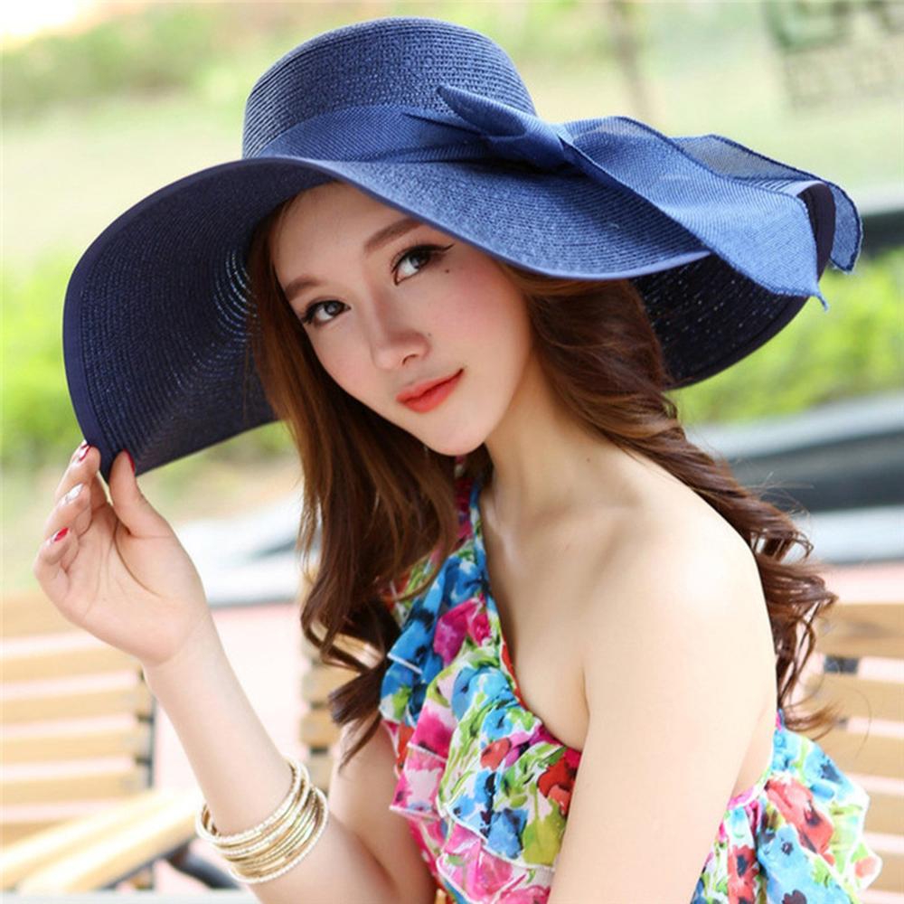 Zon Hoeden Voor Vrouwen Floppy Opvouwbare Wide Brim Stro Cap Chapeau Strikje Riem Dames Elegante Mode Zonnebrandcrème Strand Hoeden