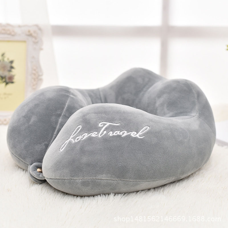 Almohada de viaje portátil para el cuello, espuma viscoelástica de franela para avión, coche, oficina, soporte ergonómico para el cuello en forma de U con hebilla: Gris