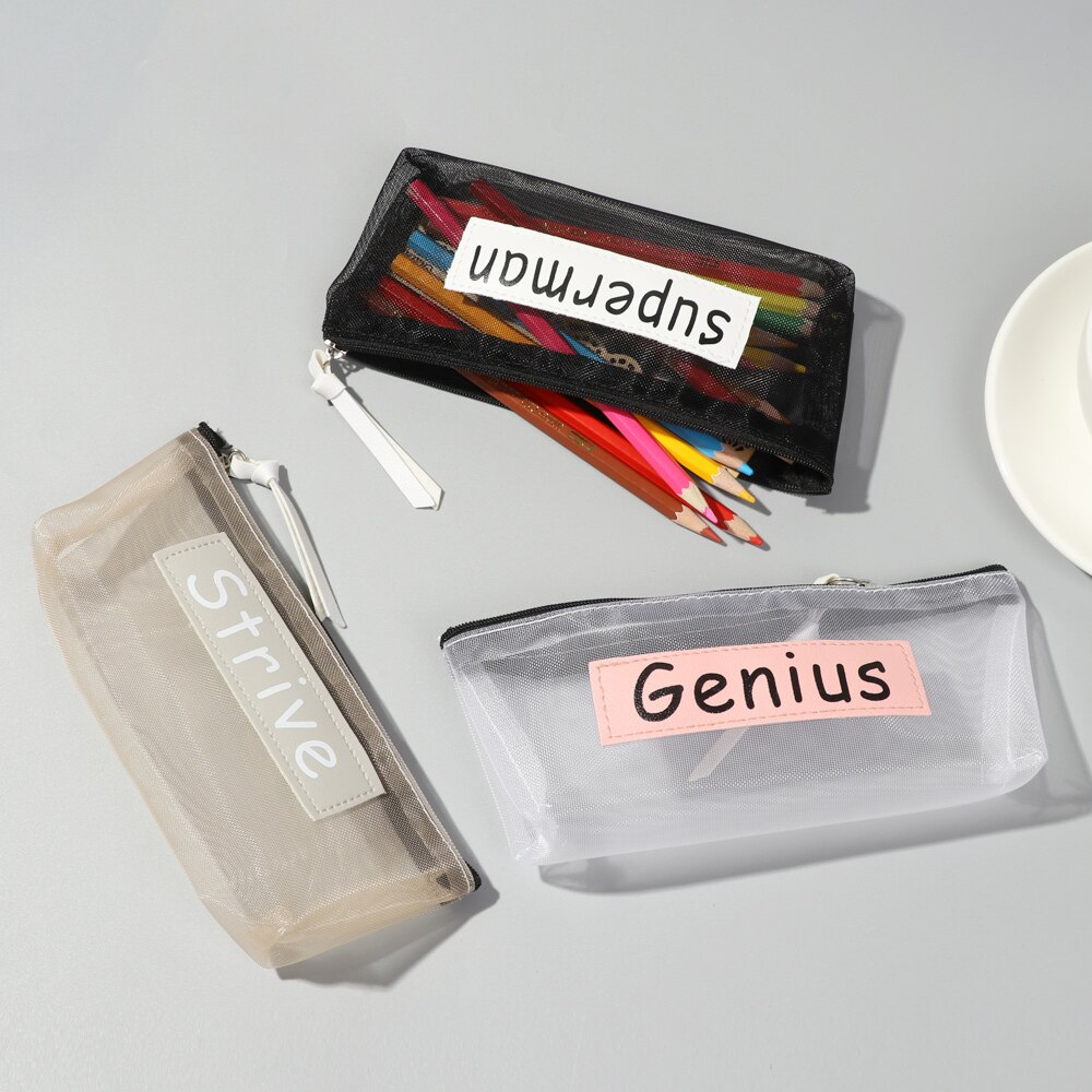 Transparent Mesh Pencil Bag Nylon Zipper Pencil Case School for Kids Girls Pen Storage Bag Office Supplies