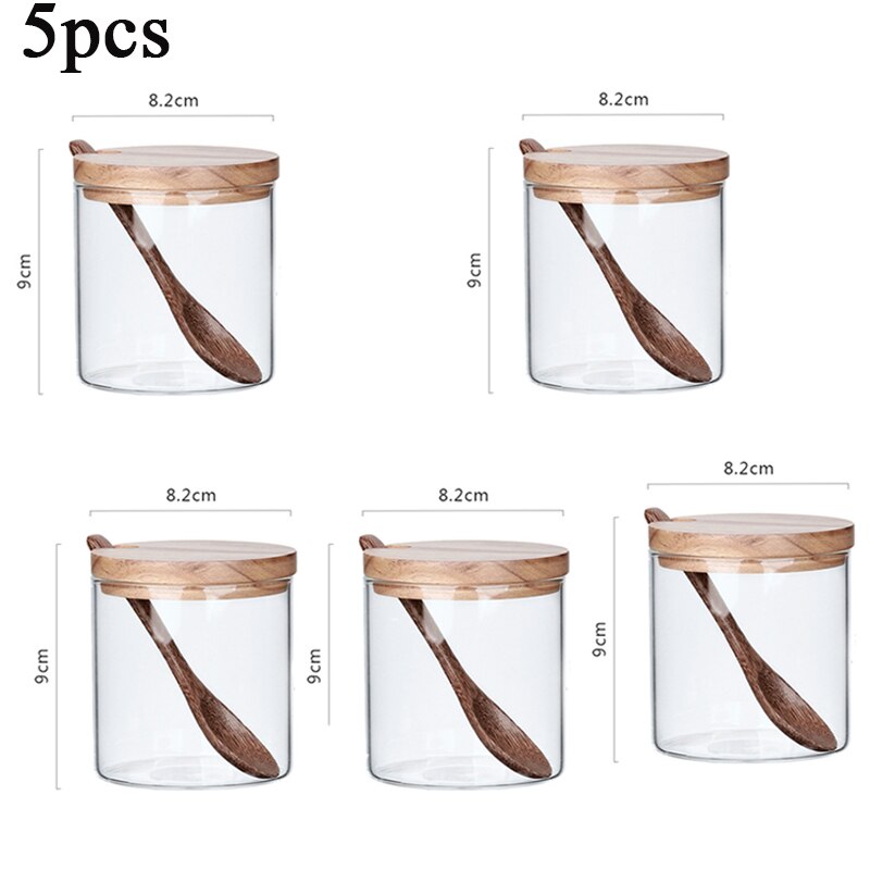 Seasoning box set Transparent glass seasoning jar three-piece kitchen wooden salt shaker sugar bowl with spoon base: F