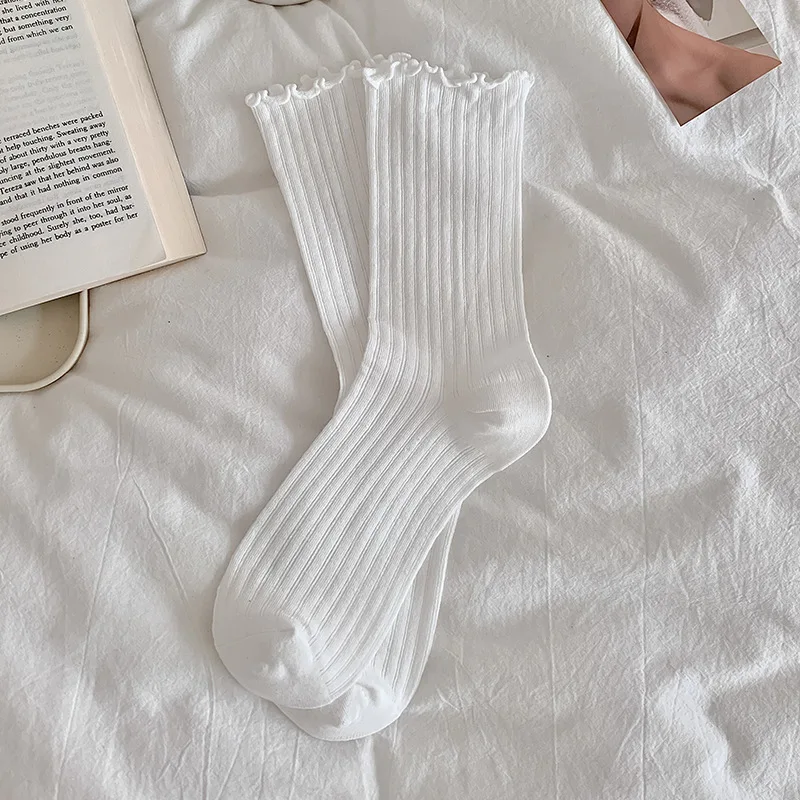 Calcetines bonitos con volantes Lolita Kawaii para mujer, calcetines largos sueltos transpirables de malla fina de verano, calcetines blancos y negros de Color sólido estilo Ballet: Azul