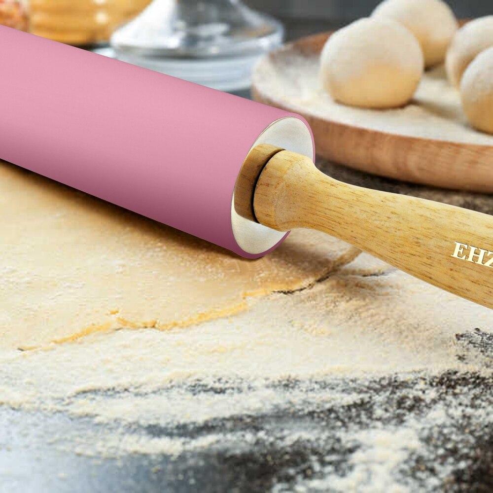 Ehz kagerulle 18.9 tommer rustfrit stål silikone rullehjul brød toast pizza dej bagning non-stick massivt træ håndtag pink