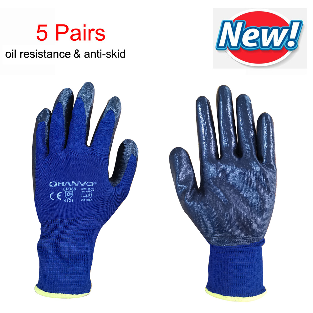 HANVO 5 paia addensare PU Nitrile guanti da lavoro con rivestimento di sicurezza guanti rivestiti con palmo guanti da lavoro meccanici: NE304 / XL