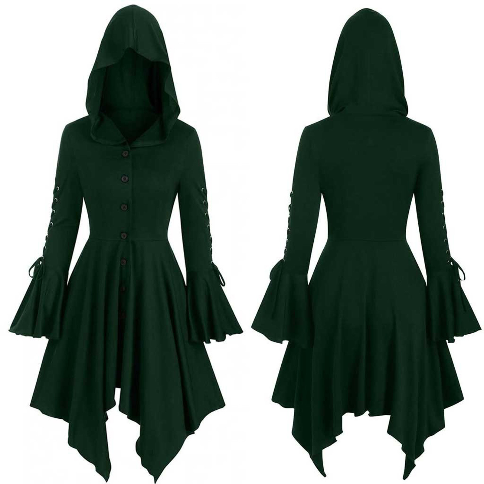 Vintage Women Cosplay Costume Medieval Lace Up Hooded Pullover For Women Victorian Casual High Low Bandage Long Dress Cloak: S / green