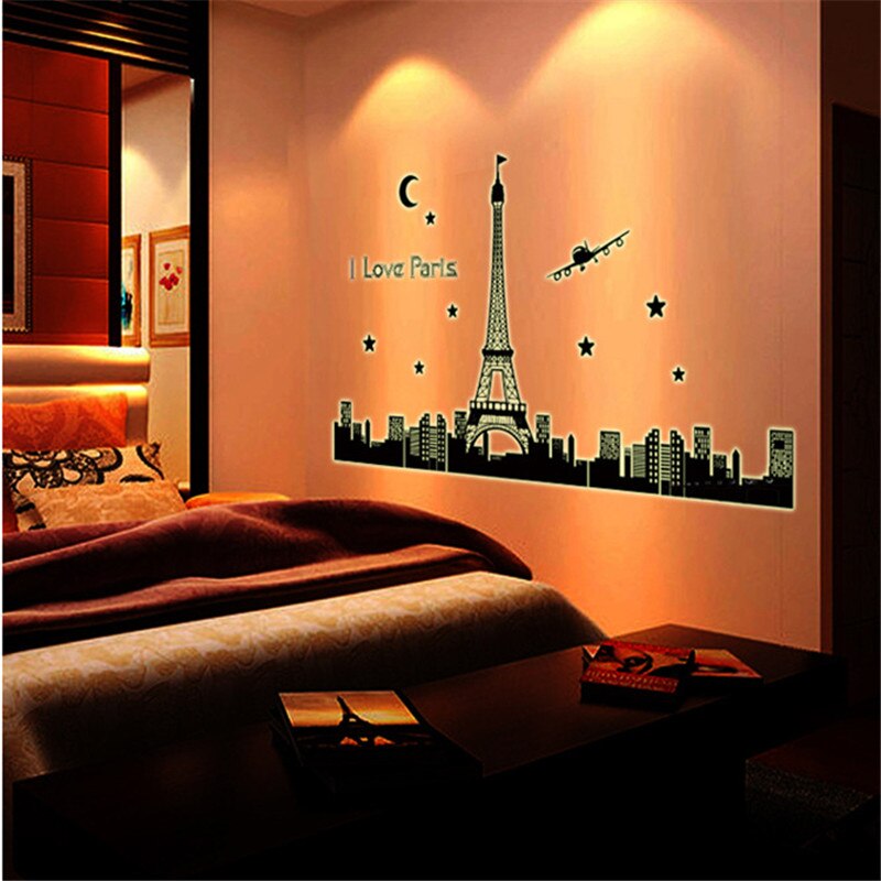 Panoramic I Love Paris Eiffel Tower Wall Sticker Quote Luminous City Night View Home Decor Decal Bedroom Fluorescent Wallpaper