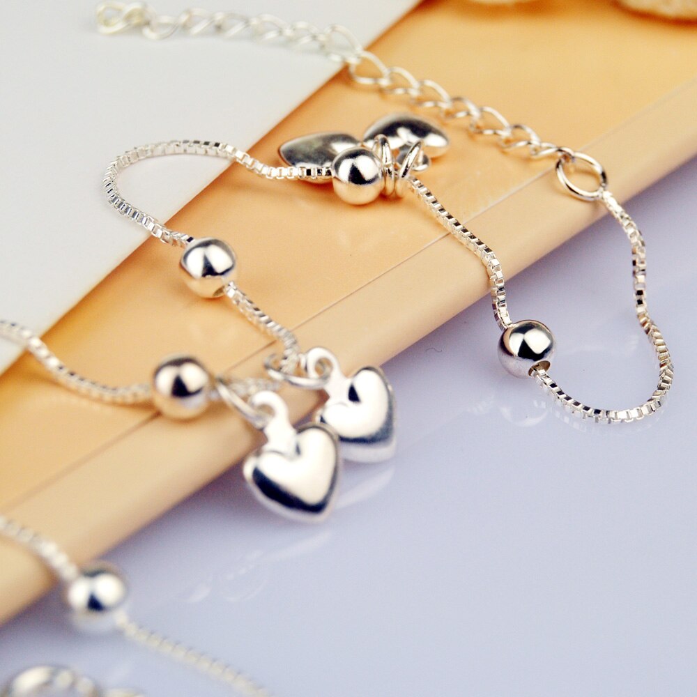 925 Sterling Silver Female Anklet Simple Heart-Shaped Pendant Ankle Bracelet Silver Chain Summer Popular Beach Jewelry