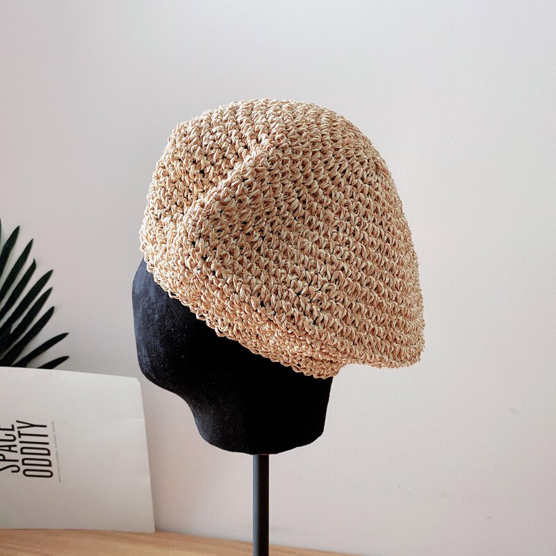 Japanse Zachte Handgemaakte Gras Gehaakte Baret Hoed Vrouwelijke Gemengde Kleur Wilde Schilder Hoed Eenvoudige Mode Achthoekige Hoed