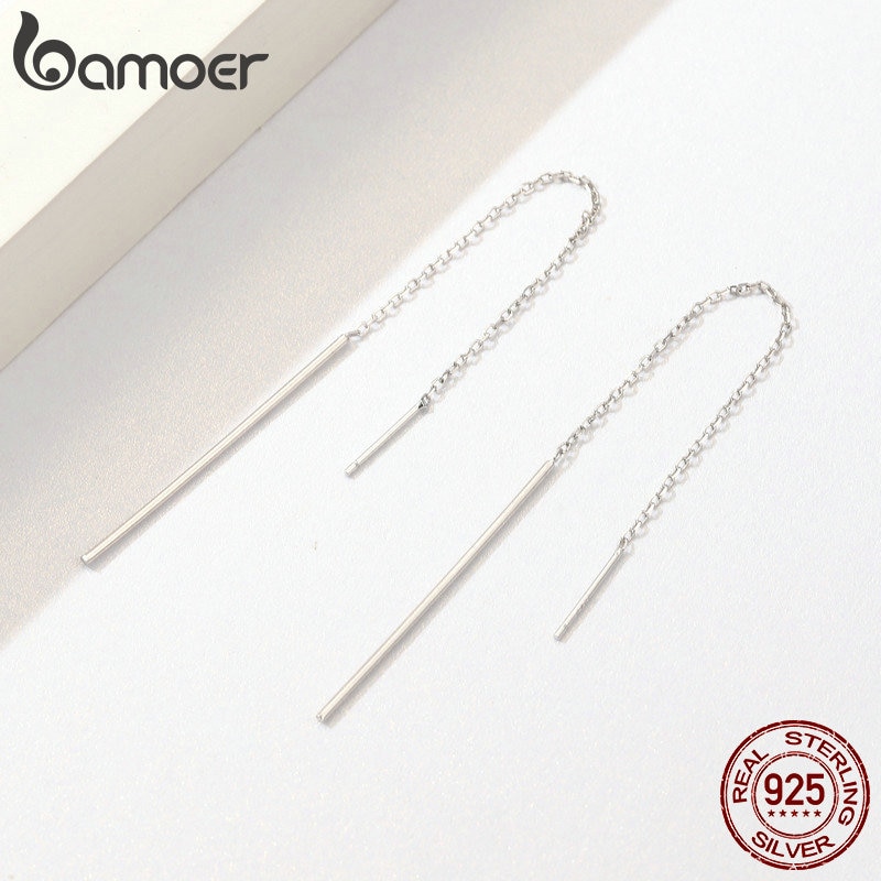 Bamoer ægte 925 sterling sølv simple line drop øreringe til kvinder autentiske sølv smykker sce 490