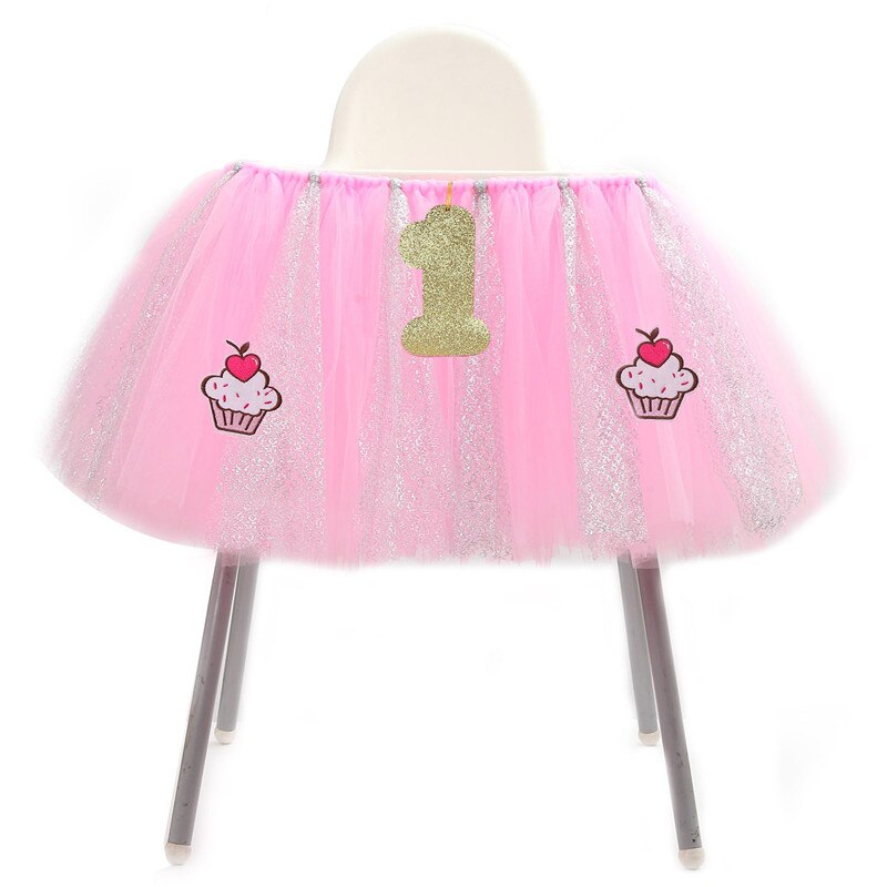 Baby Sparkle Tulle Hoge Stoel Rok Eerste Verjaardagstaart Smash Tutu Banner Decoratie Meisjes Patchwork Kleur Party Achtergrond Decor: Pink-silver