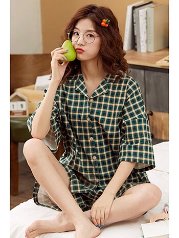 Bzel grønt plaid nattøjssæt løst dame afslappet hjemmetøj turn-down krave pyjamas blødt bomulds nattøj stor størrelse pijamas 3xl: M