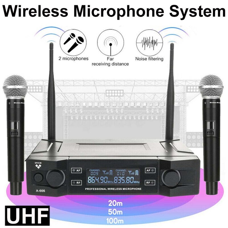 Wireless Dual Handheld Microphone 2 Channel VHF Mic KTV System Karaoke EU Plug