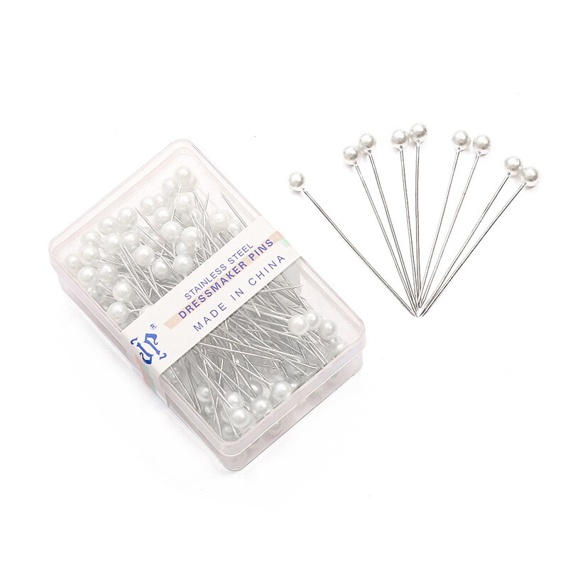 100Pcs/Box 38cm Colorful Round Pearl Head Needles Stitch Straight Push Sewing Pins For Dressmaking DIY Sewing Tools Positioning: White