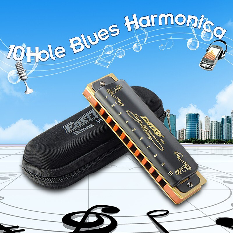 Easttop – Harmonica bleu T008K 10 trous, clés A B C D E F G, harpes diatoniques classiques noires, Instrument de musique pour débutant,